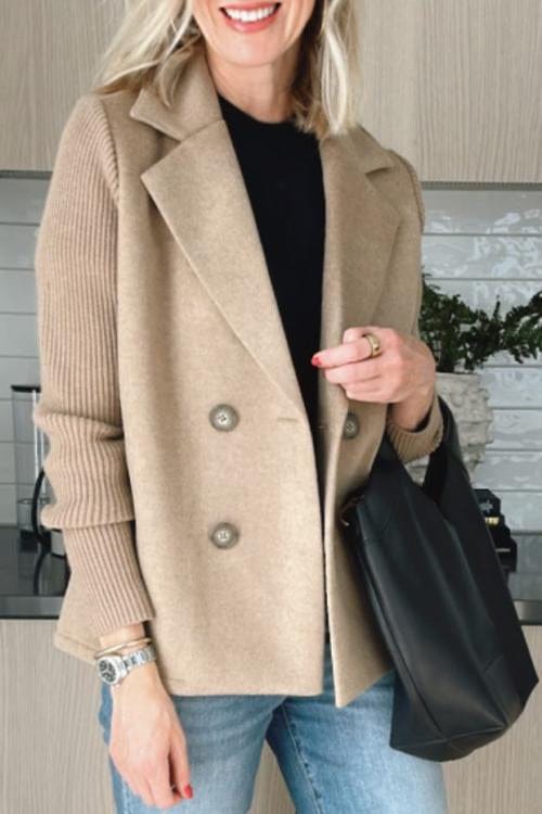 Blazer Femme Croisé à Manches en Maille | Col à Revers Cranté