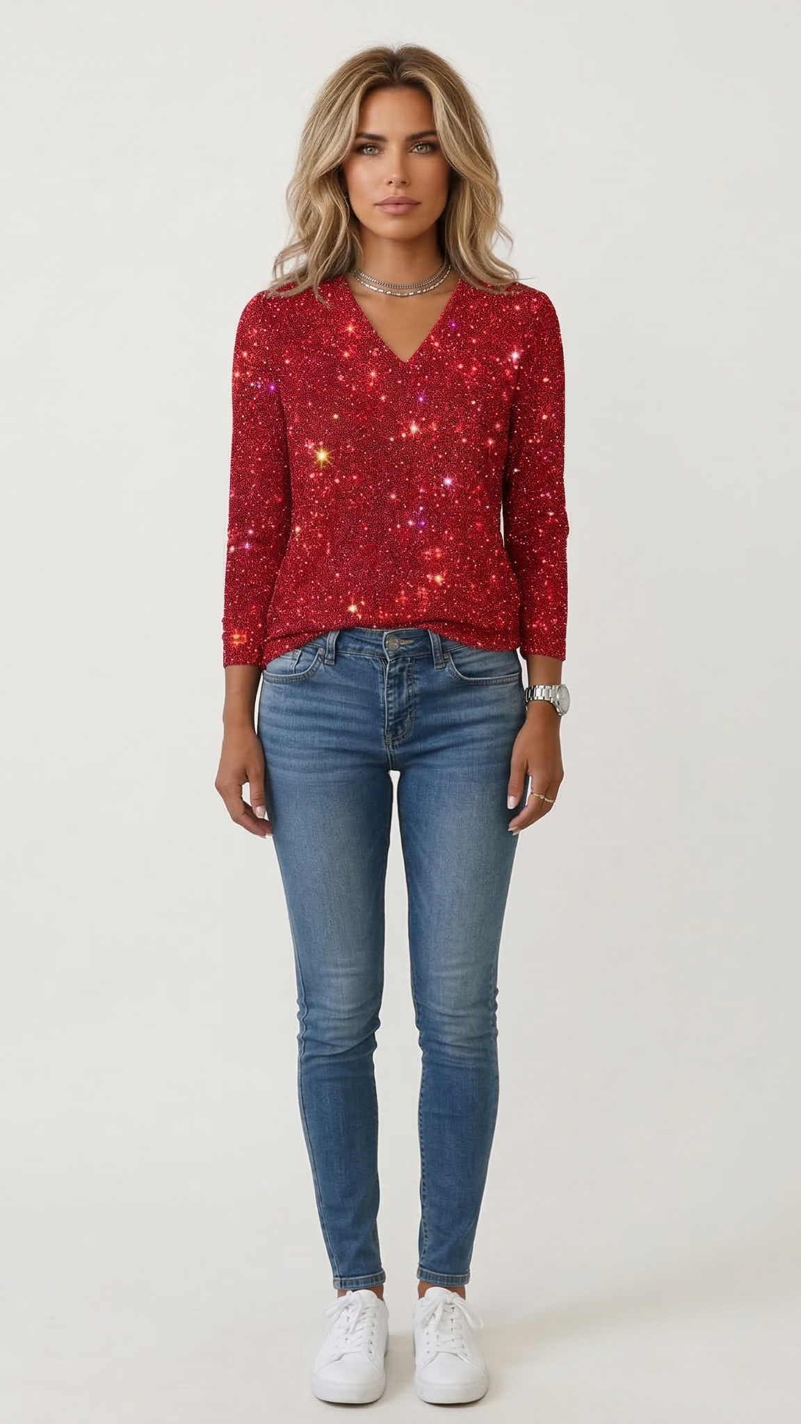 Pull pailleté femme col V