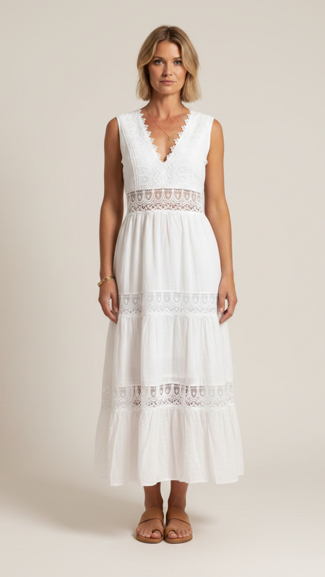 Robe dentelle blanche femme col V