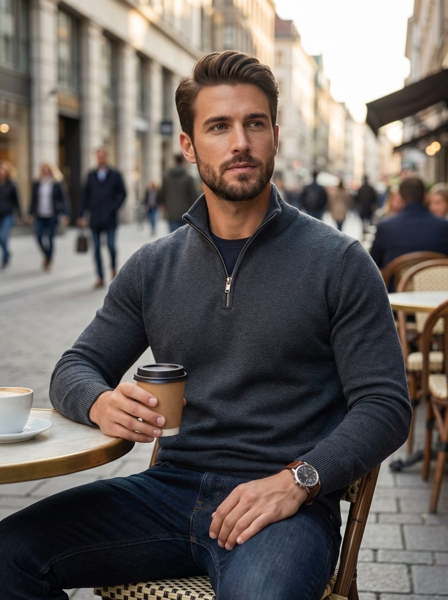 Pull Homme en Maille Côtelée | Col Montant Demi-Zip