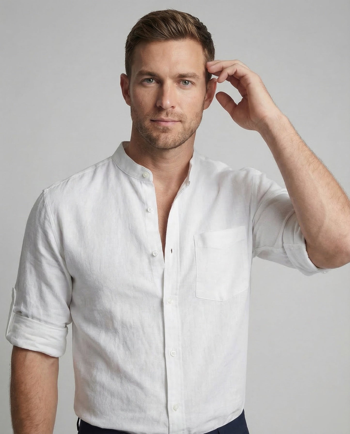 Chemise homme col mao manches relevables