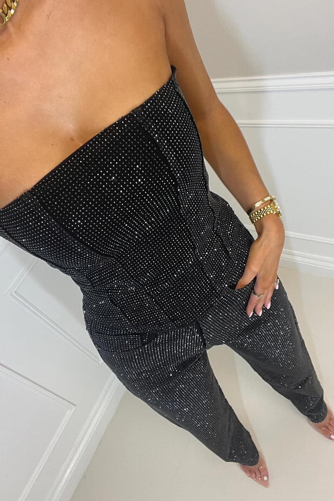 Ensemble Deux Pièces Femme Pailleté | Top Bustier & Pantalon Taille Haute