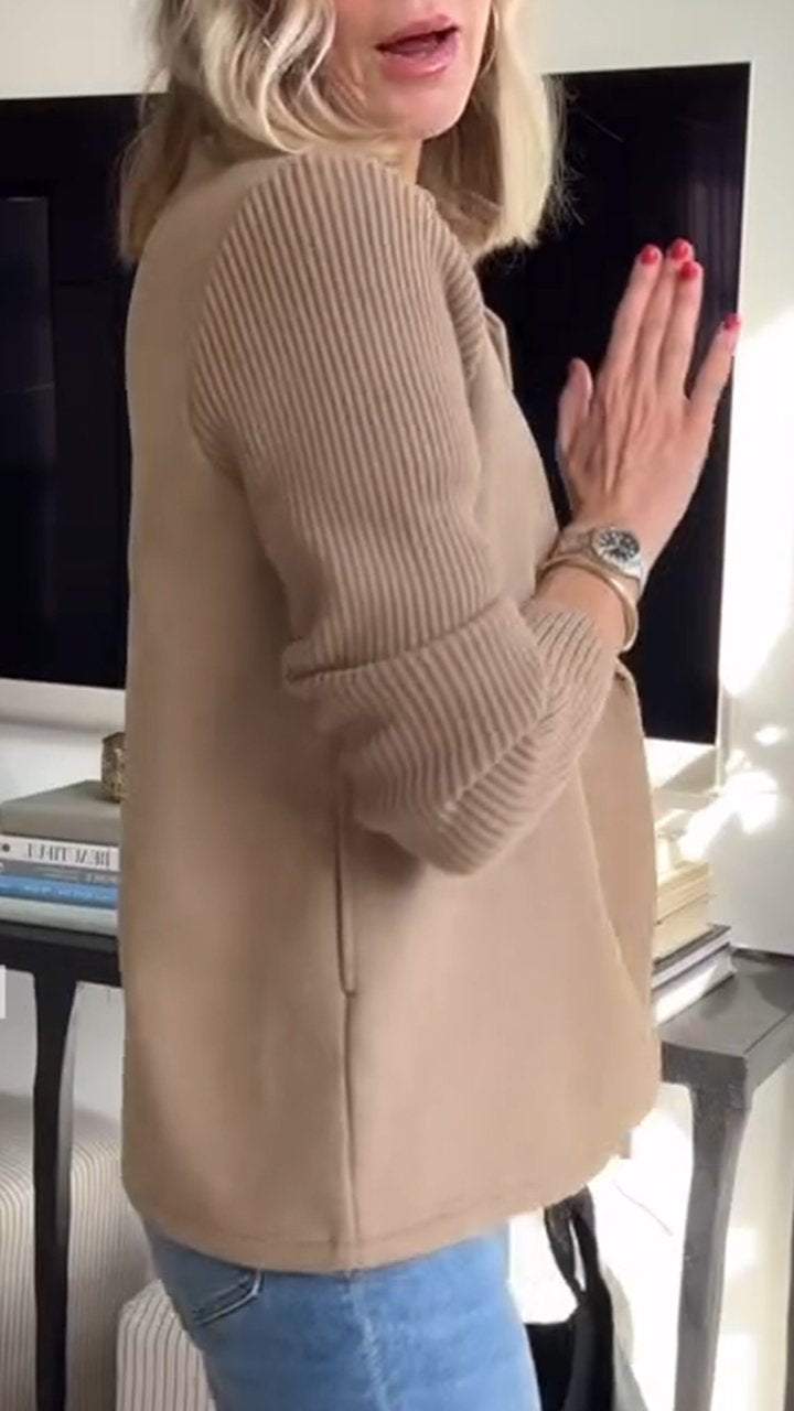 Blazer Femme Croisé à Manches en Maille | Col à Revers Cranté