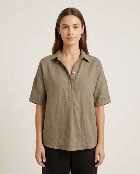 Blouse en lin femme Taupe - vue de face studio