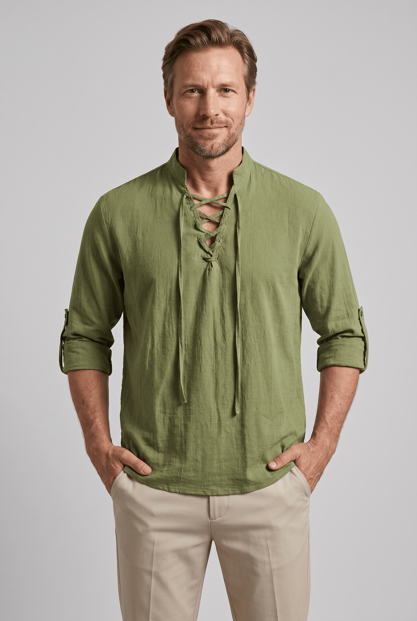 Chemise Homme Décontractée à Col Mao | Laçage & Manches 3/4