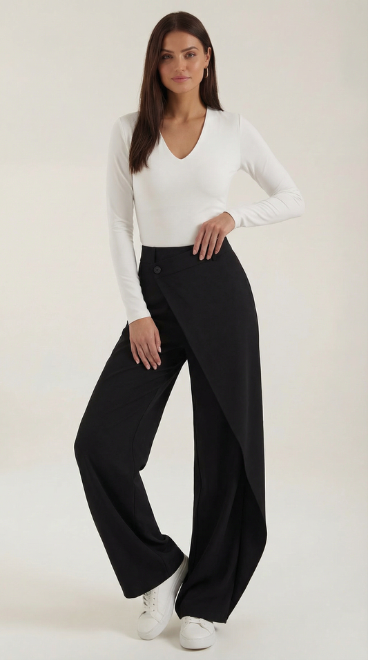 Pantalon large femme portefeuille asymétrique